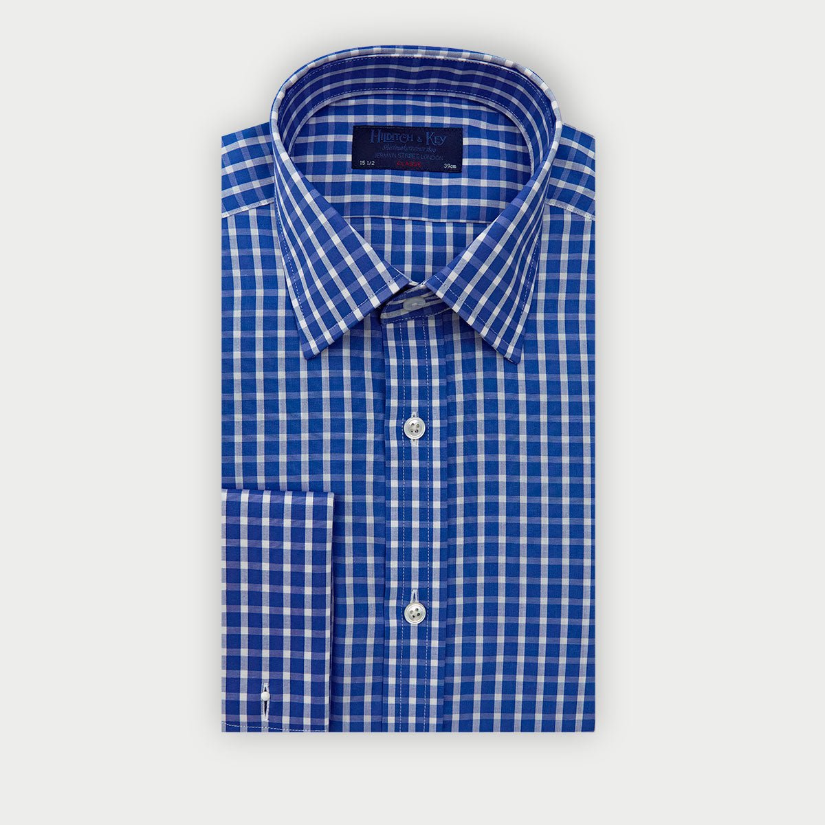 Classic Fit Dark Blue White Wide Check Cotton Shirt With Classic Collar Double Cuff