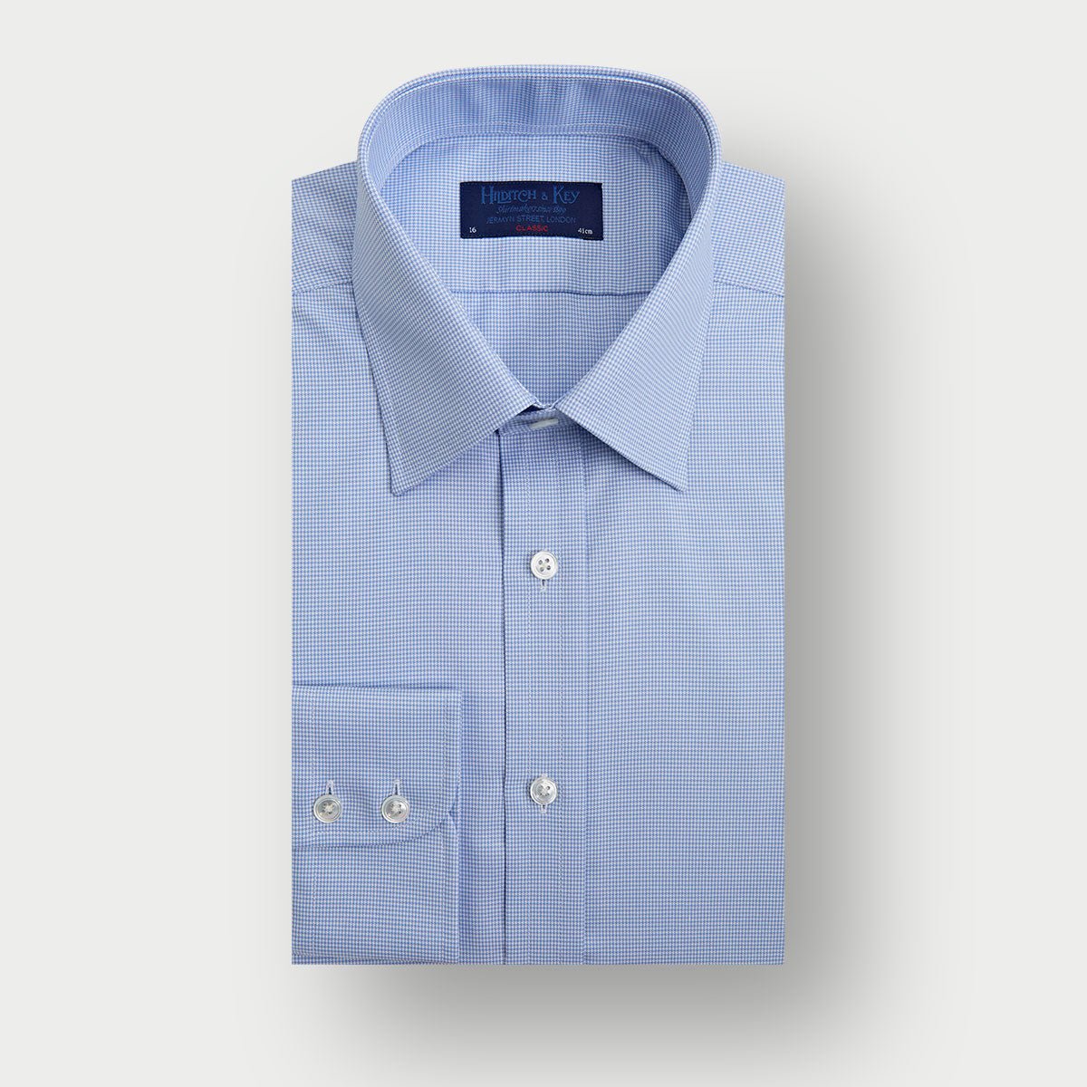 Classic Fit Light Micro Houndstooth Cotton Shirt With Classic Collar Two Button Cuff