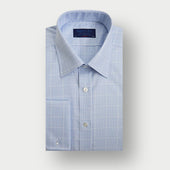 Classic Fit Light Blue Prince of Wales Check Cotton Shirt with Classic Collar & Double Cuff