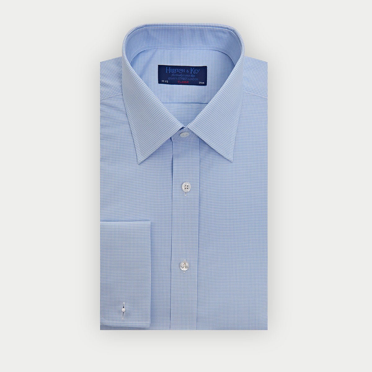 Classic Fit Light Small Gingham Check Cotton Shirt With Classic Collar And Double Cuff