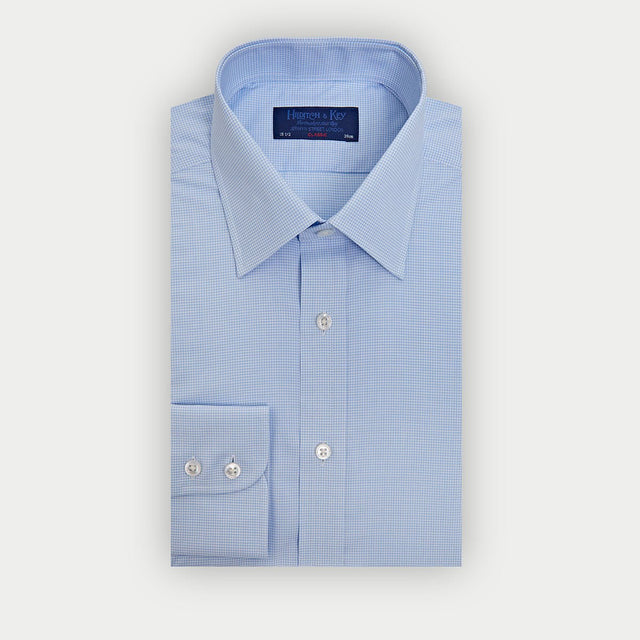 Classic Fit Light Blue Small Gingham Check Cotton Shirt with Classic Collar & Two Button Cuff