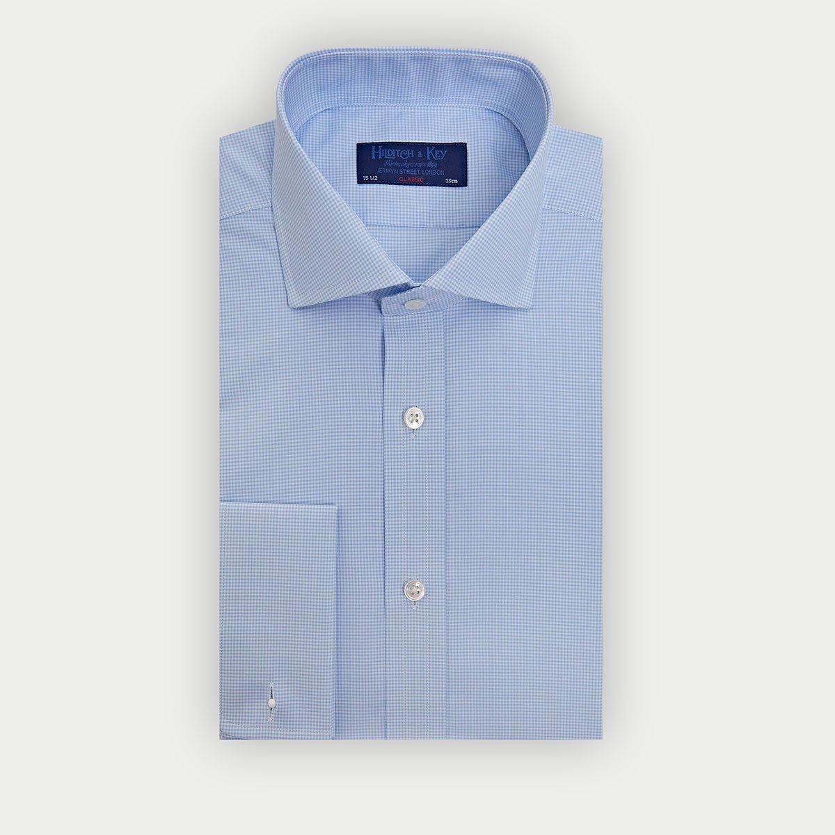 Classic Fit Light Small Gingham Check Cotton Shirt With Cut Away Collar Double Cuff
