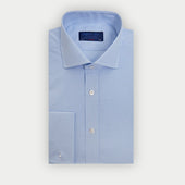 Classic Fit Light Blue Small Gingham Check Cotton Shirt with Cut-Away Collar & Double Cuff