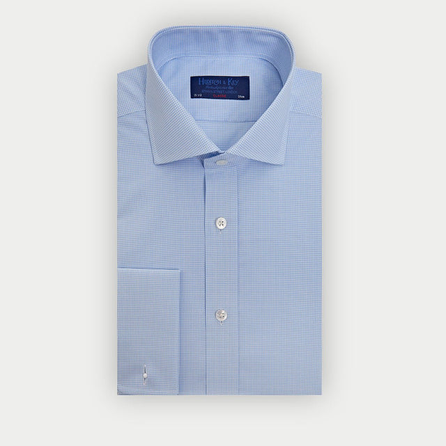 Classic Fit Light Blue Small Gingham Check Cotton Shirt with Cut-Away Collar & Double Cuff