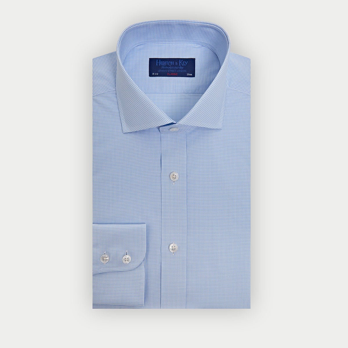 Classic Fit Light Small Gingham Check Cotton Shirt With Cut Away Collar Two Button Cuff