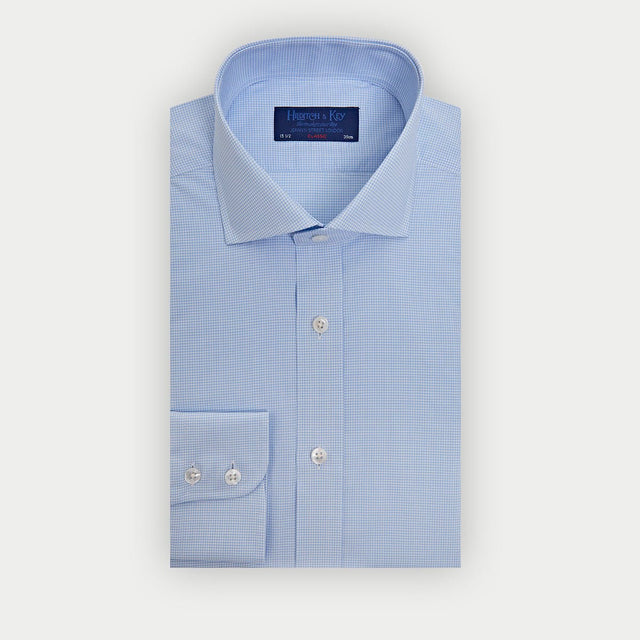 Classic Fit Light Blue Small Gingham Check Cotton Shirt with Cut-Away Collar & Two Button Cuff