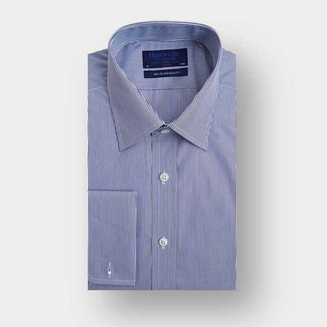 Classic Fit Navy Fine Bengal Sea Island Quality Cotton Shirt with Classic Collar & Double Cuff
