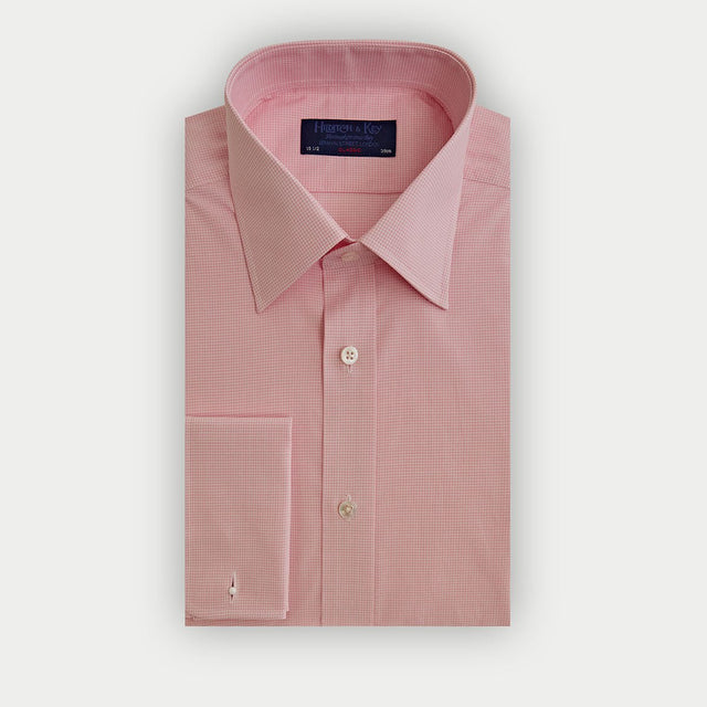 Classic Fit Pink Small Gingham Check Cotton Shirt With Classic Collar Double Cuff