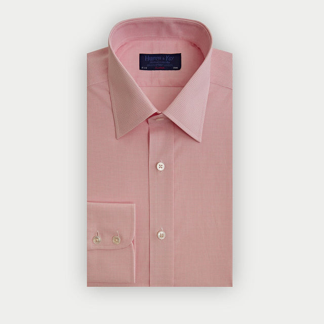 Classic Fit Pink Small Gingham Check Cotton Shirt With Classic Collar Two Button Cuff