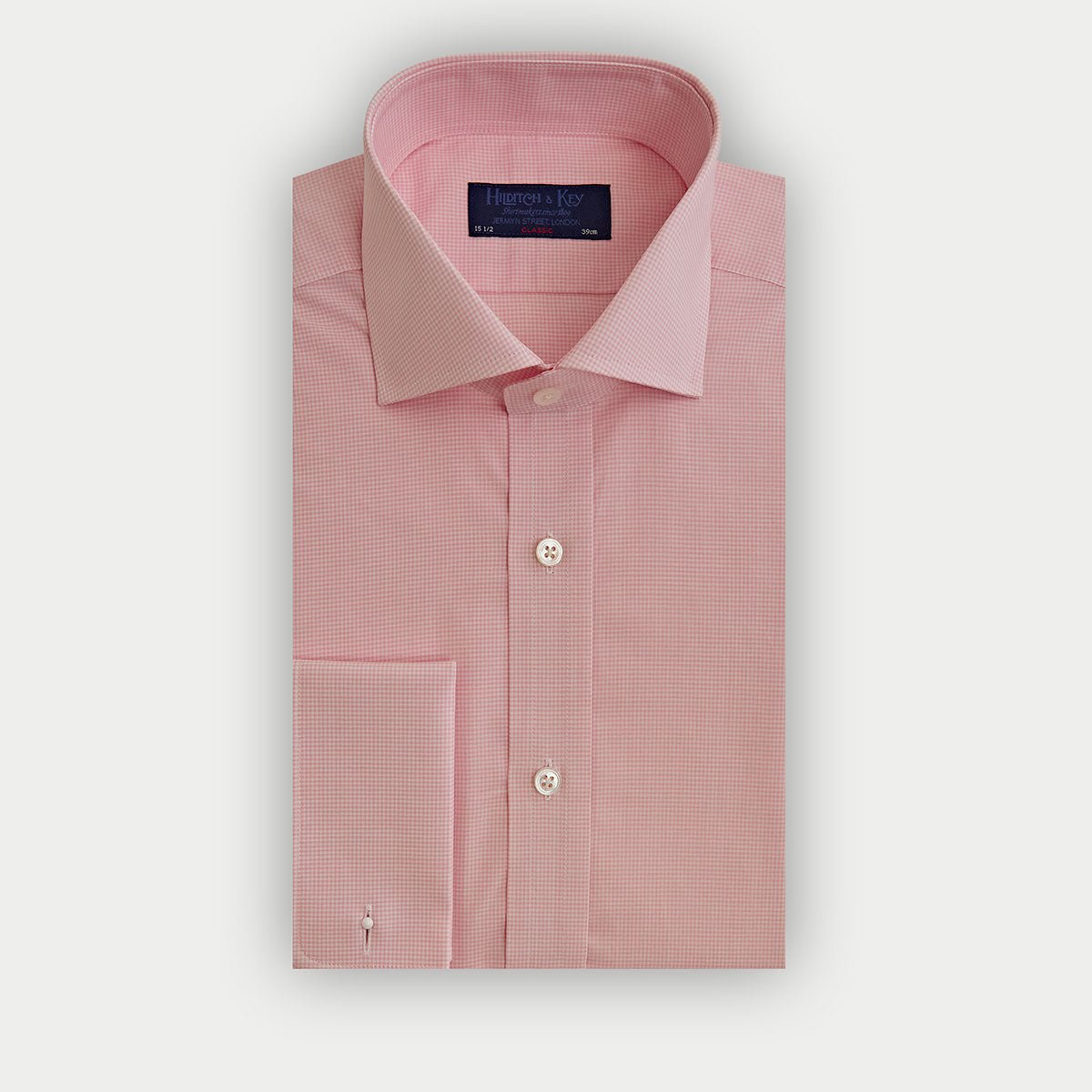 Classic Fit Pink Small Gingham Check Cotton Shirt With Cut Away Collar Double Cuff