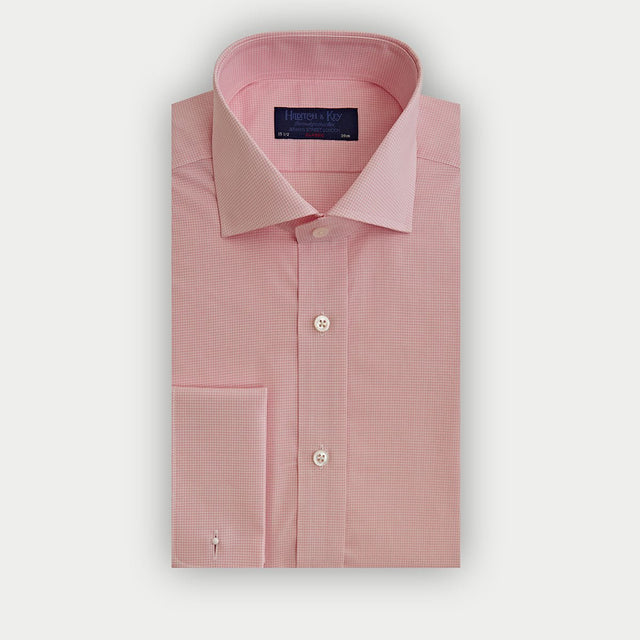 Classic Fit Pink Small Gingham Check Cotton Shirt With Cut Away Collar Double Cuff