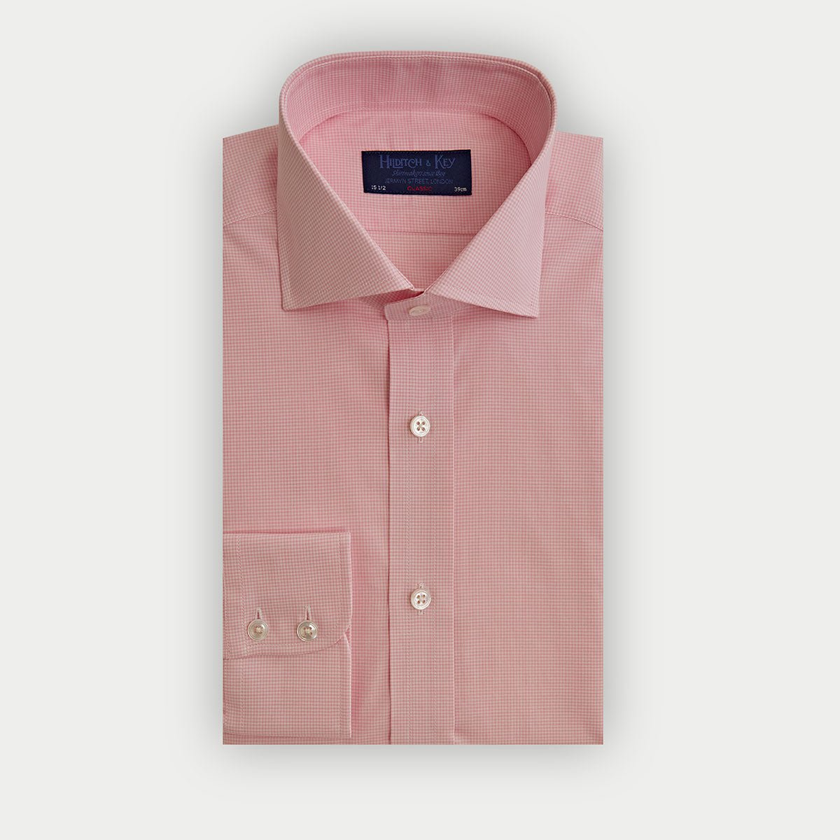Classic Fit Pink Small Gingham Check Cotton Shirt With Cut Away Collar Two Button Cuff