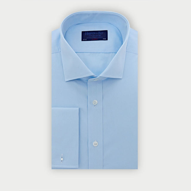 Classic Fit Plain Ice Blue Cotton Poplin Shirt with Cut-Away Collar & Double Cuff