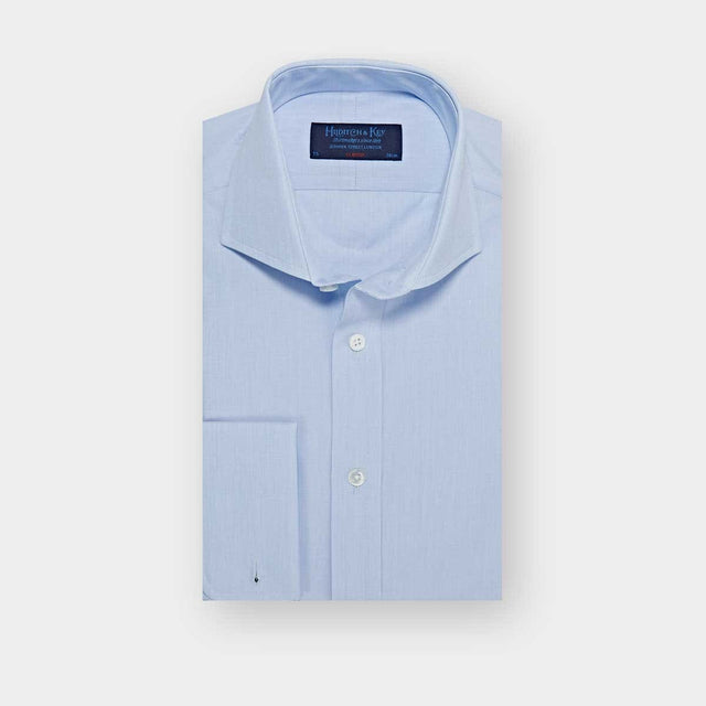 Classic Fit Plain Light Blue End-on-End Cotton Shirt with Cut-away Collar & Double Cuff