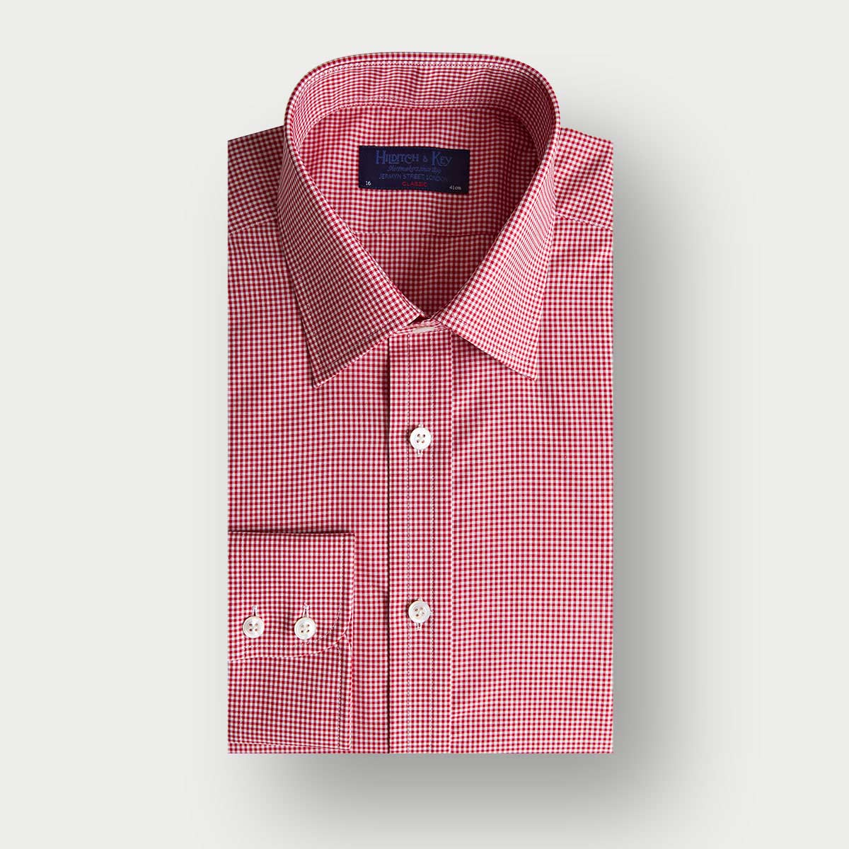 Classic Fit Red Small Gingham Check Cotton Shirt With Classic Collar Two Button Cuff
