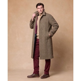 Corrib Donegal Tweed Overcoat in Navy & Camel Herringbone | Men's Tweed Overcoats |