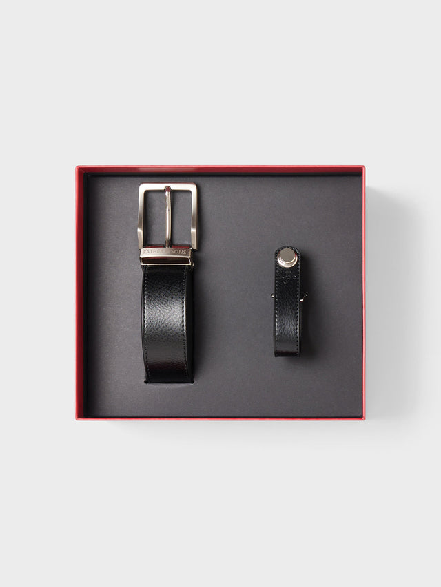 Coffret cadeau ceinture ajustable et porte-clé en cuir noir