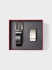 Coffret cadeau ceinture ajustable et réversible et 2 boucles en cuir noir