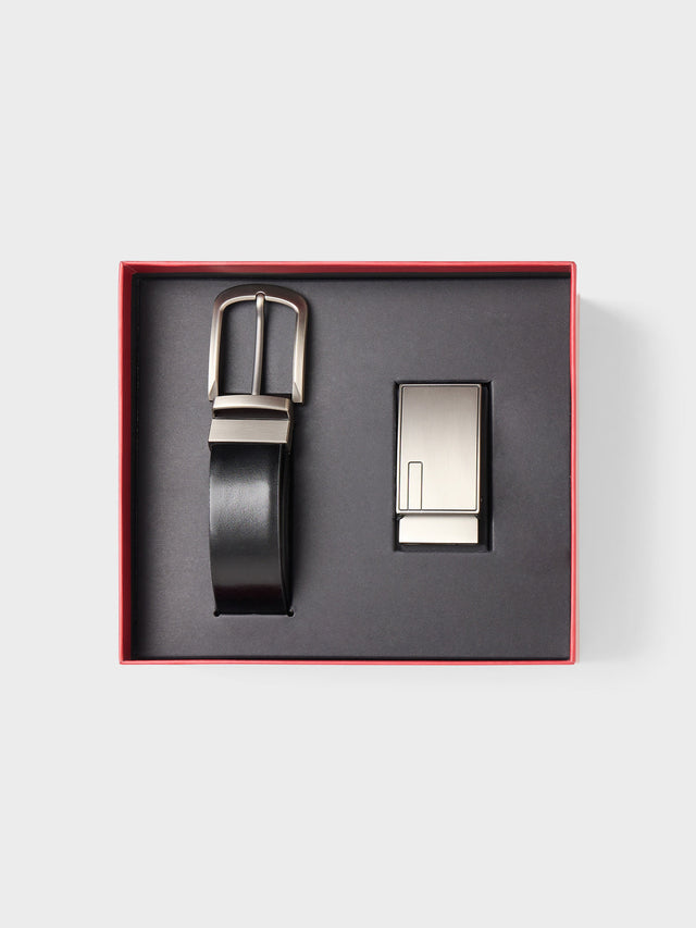 Coffret cadeau ceinture ajustable et réversible et 2 boucles en cuir noir