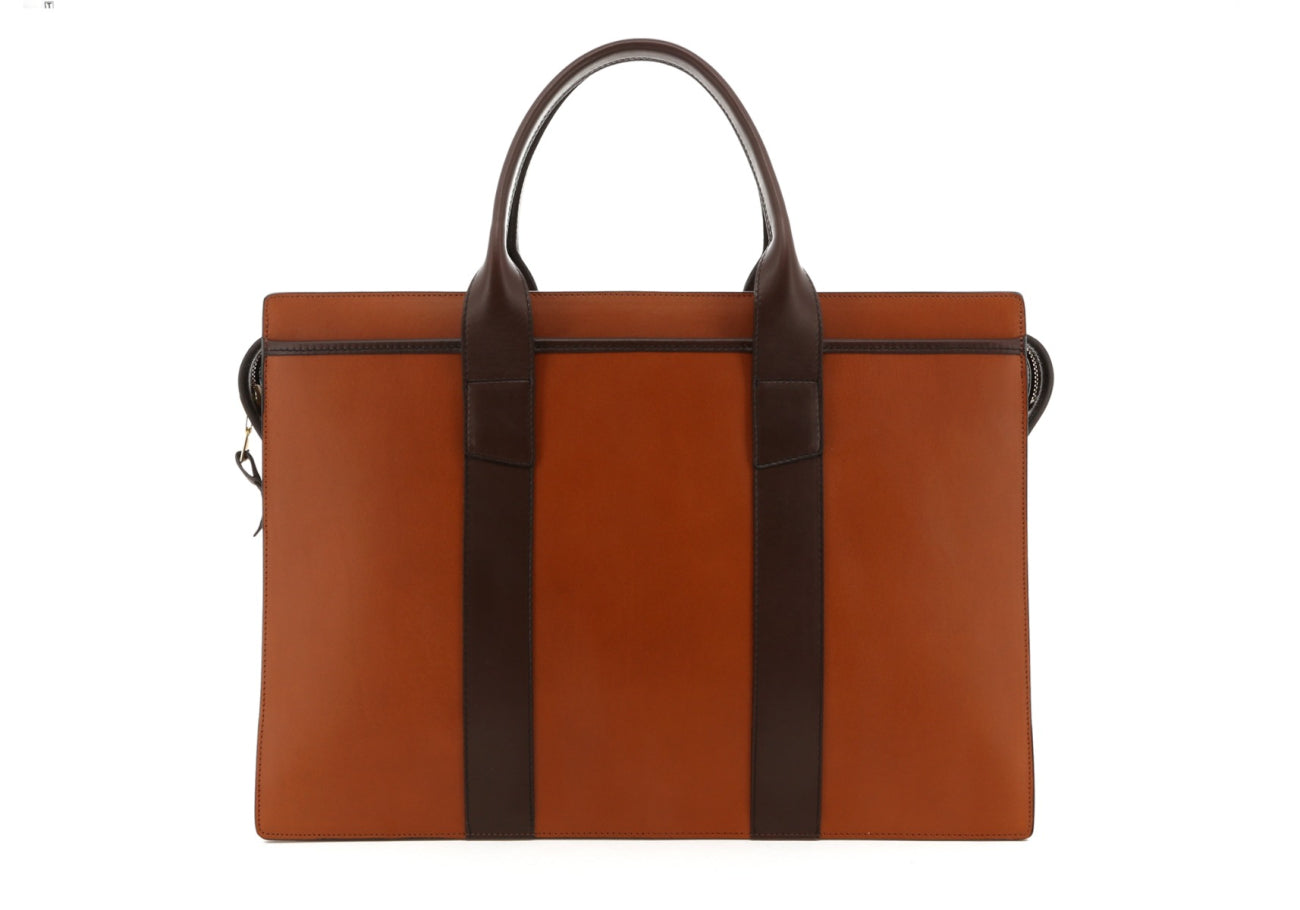 Double Zip-Top Briefcase - Cognac/Chocolate Trim - Belting