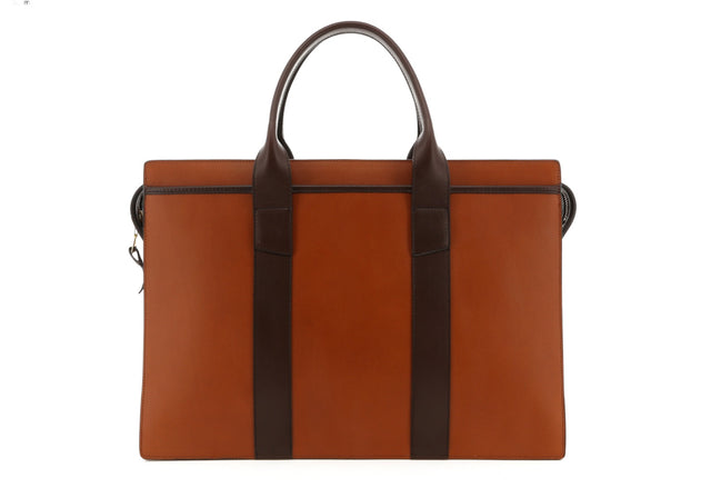 Double Zip-Top Briefcase - Cognac/Chocolate Trim - Belting