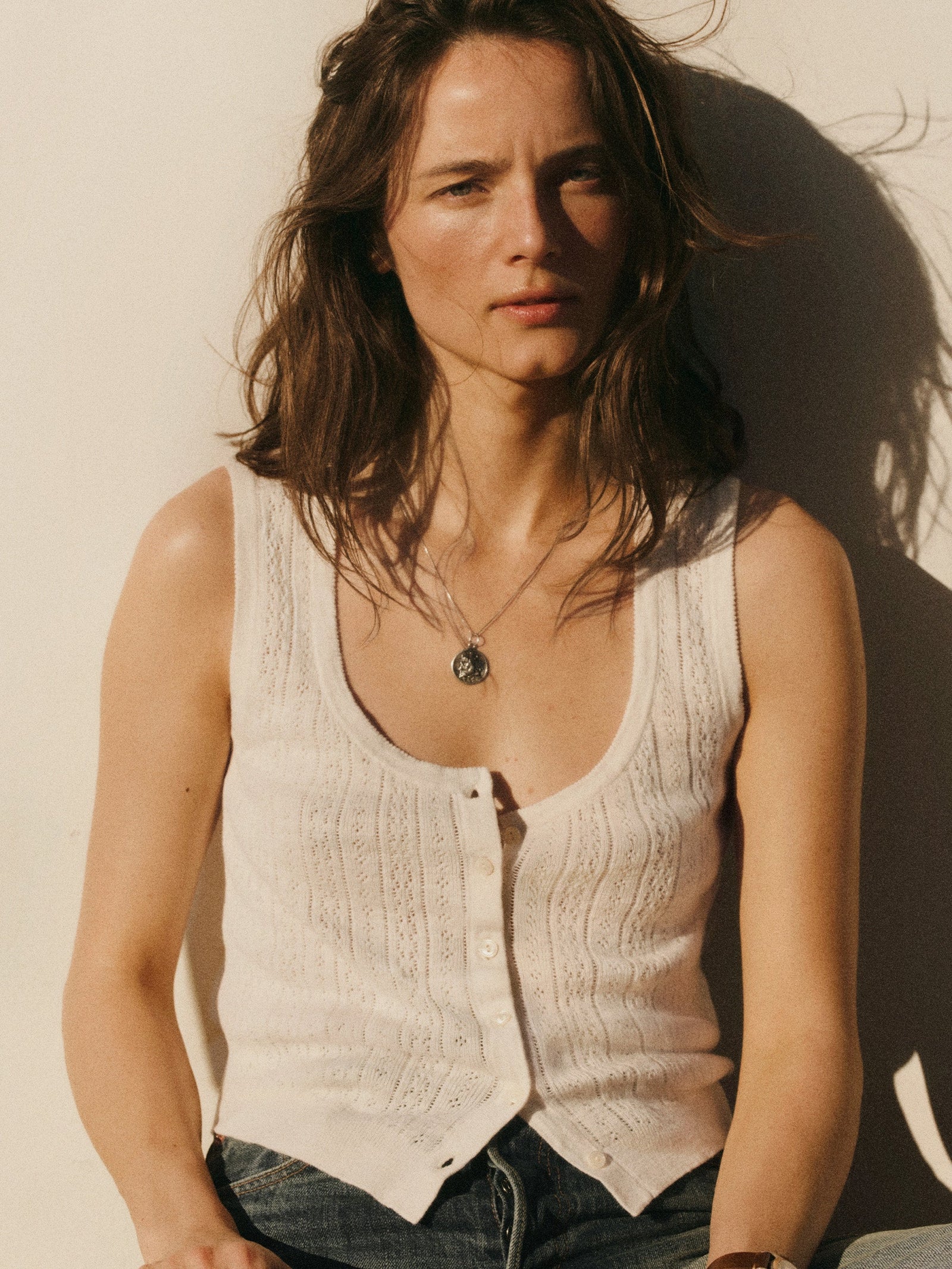Coastal Linen Pointelle Button Down Tank