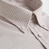 Contemporary Fit Beige Small Gingham Check Cotton Shirt With Button Down Collar Two Button Cuff