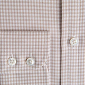 Contemporary Fit Beige Small Gingham Check Cotton Shirt With Button Down Collar Two Button Cuff
