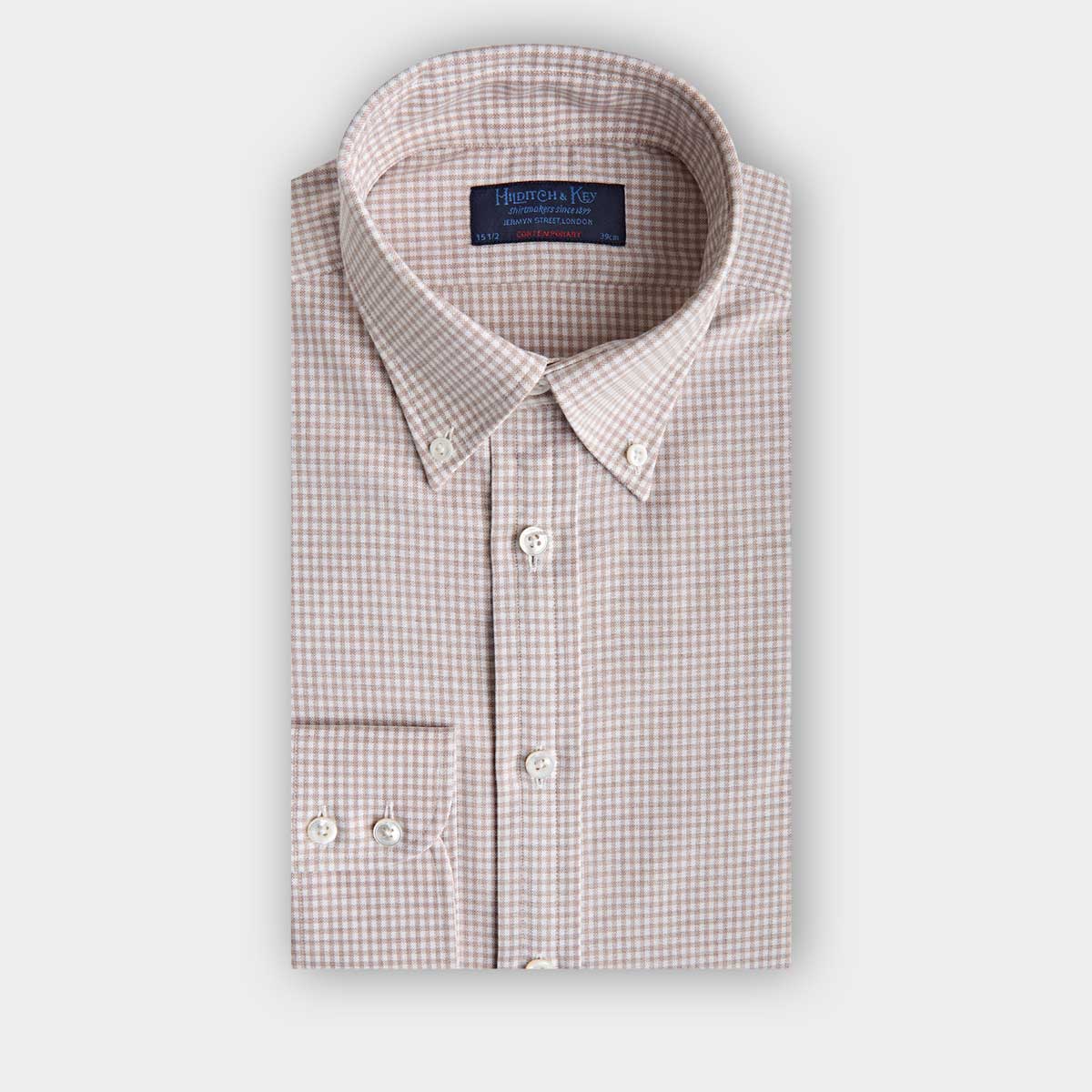 Contemporary Fit Beige Small Gingham Check Cotton Shirt With Button Down Collar Two Button Cuff