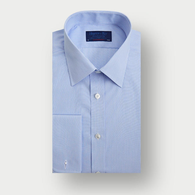 Contemporary Fit Blue Fine Bengal Stripe Cotton Shirt with Classic Collar & Double Cuff