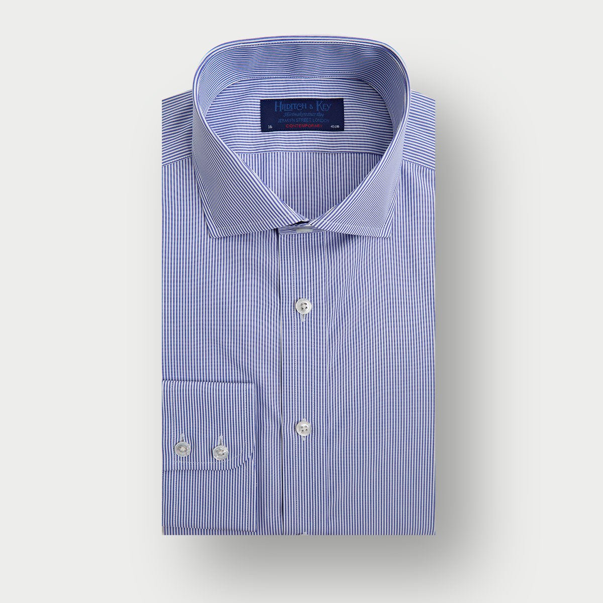 Contemporary Fit Fine Bengal Stripe Cotton Shirt With Cut Away Collar Two Button Cuff