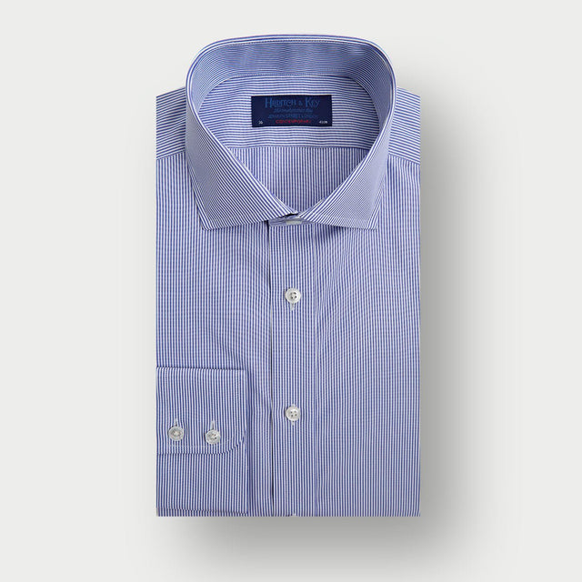 Contemporary Fit Blue Fine Bengal Stripe Cotton Shirt with Cut-Away Collar & Two Button Cuff