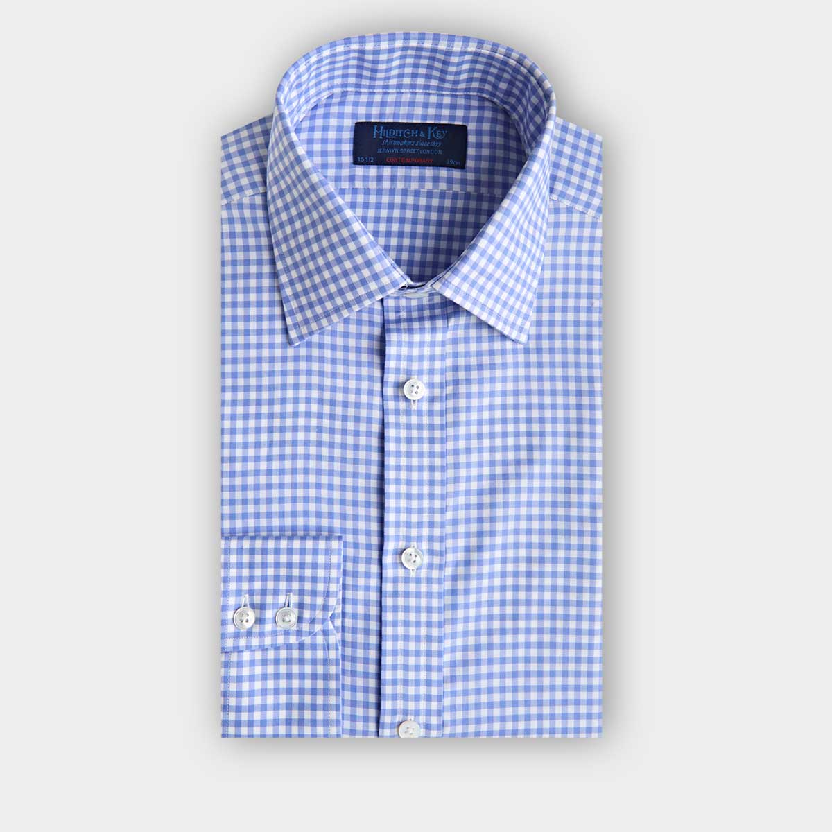 Contemporary Fit Gingham Check Cotton Twill Shirt With Classic Collar Two Button Cuff