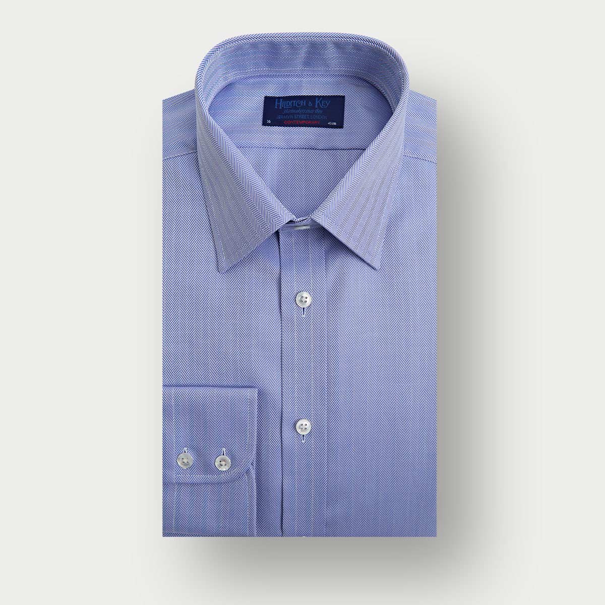 Contemporary Fit Herringbone Cotton Shirt With Classic Collar Two Button Cuff