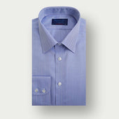 Contemporary Fit Blue Herringbone Cotton Shirt with Classic Collar & Two Button Cuff