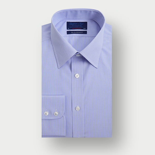 Contemporary Fit Blue Micro Check Sea Island Quality Cotton Shirt with Classic Collar & Two Button Cuff