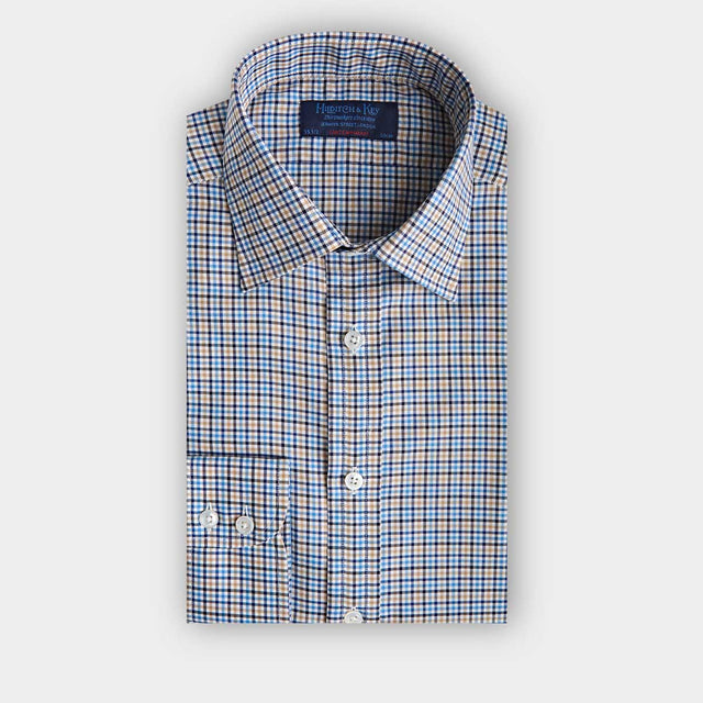 Contemporary Fit Blue Multi Check Cotton Twill Shirt with Classic Collar & Two Button Cuff