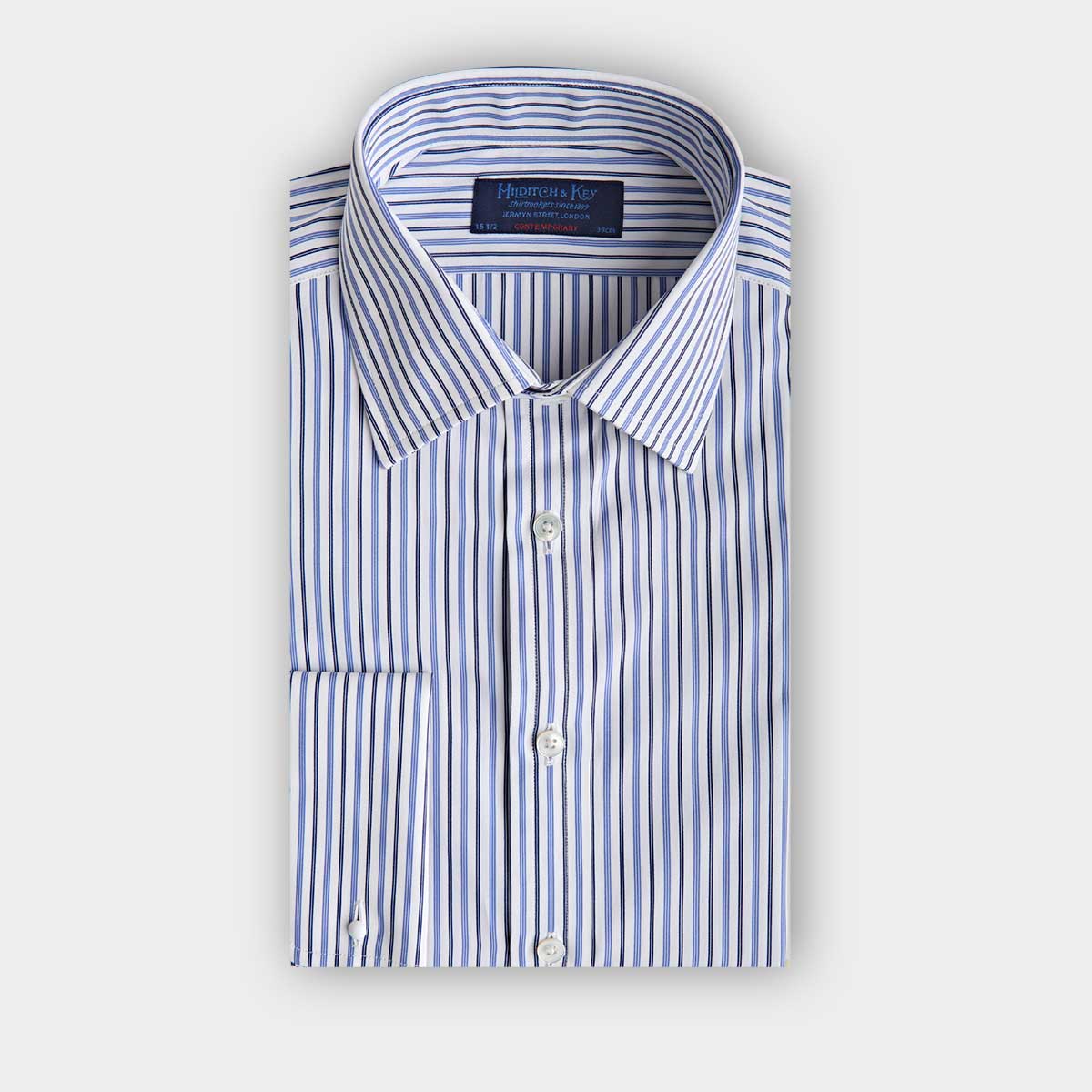 Contemporary Fit Navy Multi Stripe Cotton Shirt With Classic Collar Double Cuff