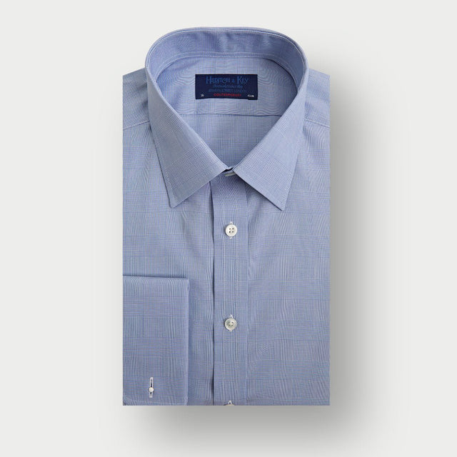 Contemporary Fit Blue Prince of Wales Check Cotton Shirt with Classic Collar & Double Cuff