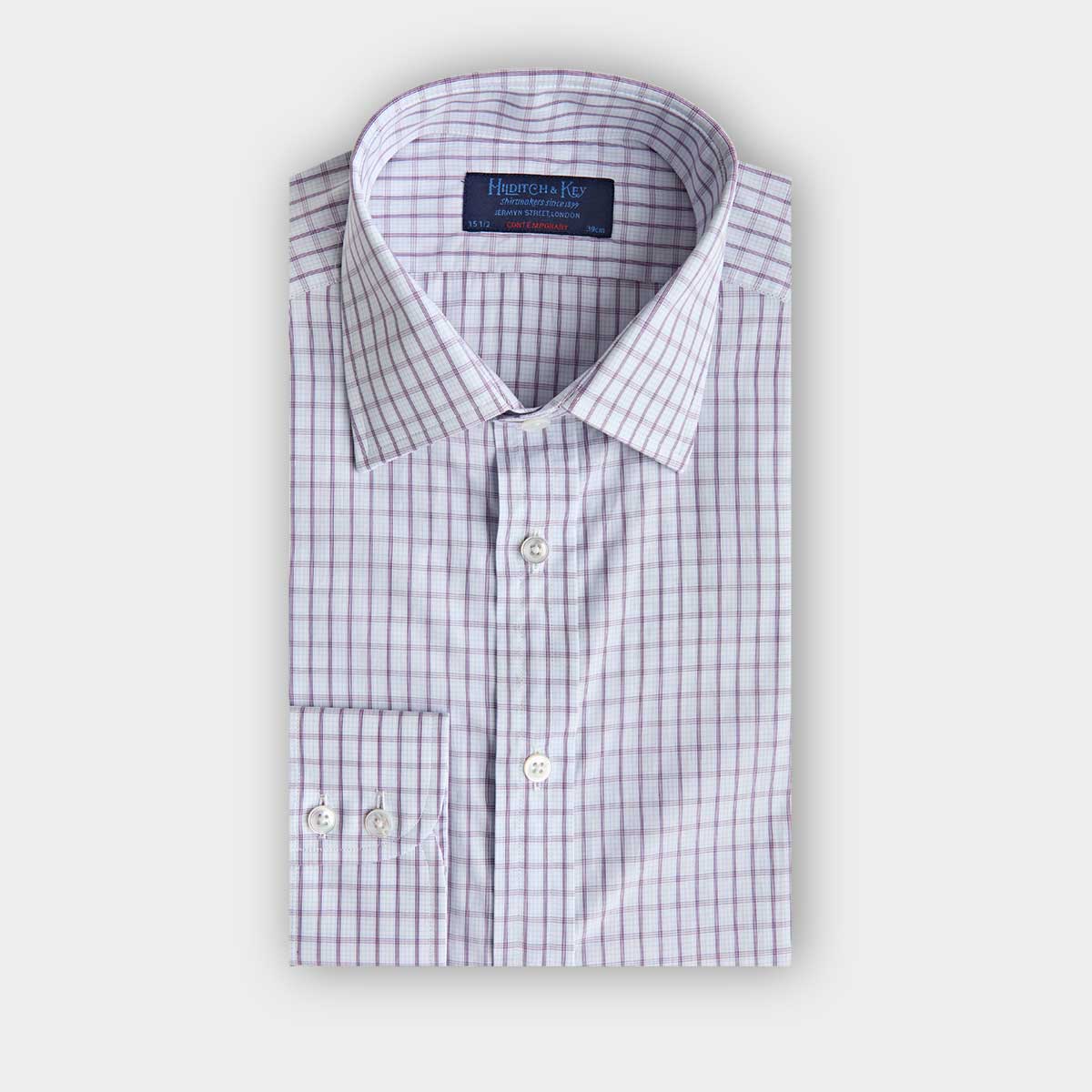 Contemporary Fit Purple Grid Check Cotton Shirt With Classic Collar Two Button Cuff