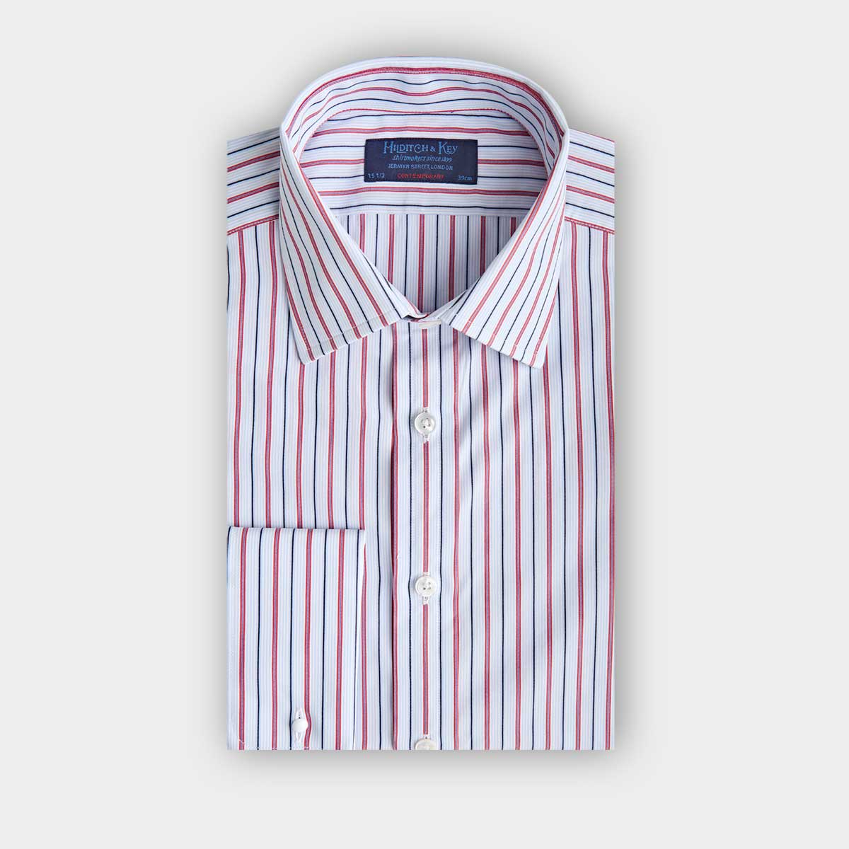 Contemporary Fit Red Multi Stripe Cotton Shirt With Classic Collar Double Cuff
