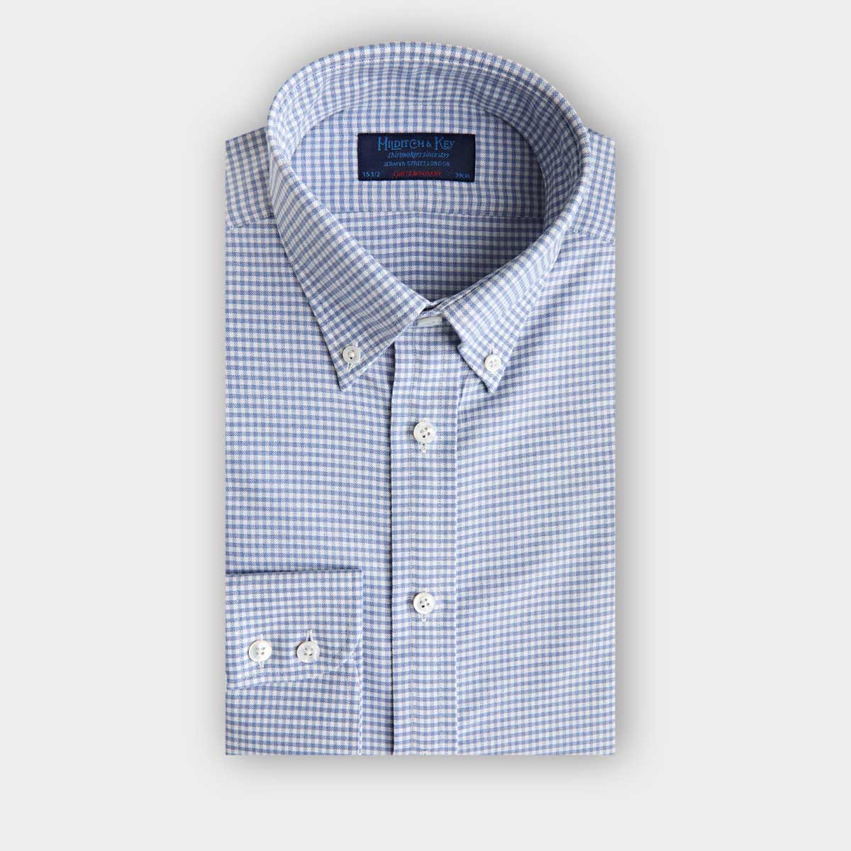 Contemporary Fit Small Gingham Check Cotton Shirt With Button Down Collar Two Button Cuff