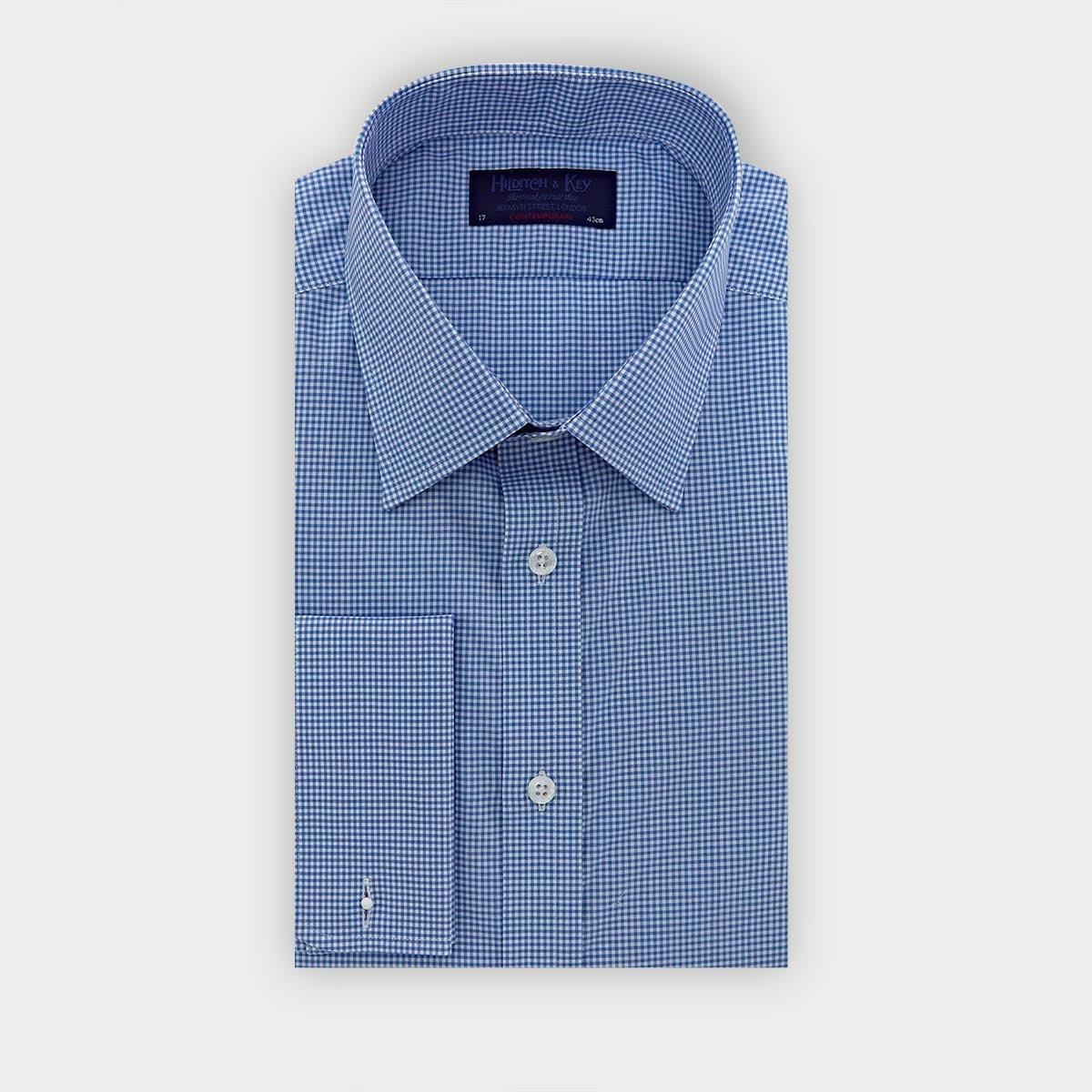 Contemporary Fit Small Gingham Check Cotton Shirt With Classic Collar Double Cuff