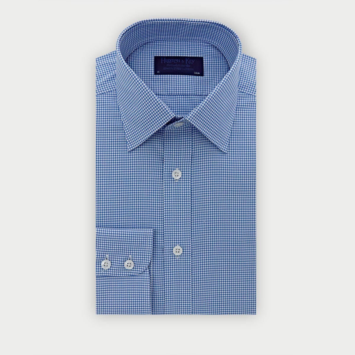 Contemporary Fit Small Gingham Check Cotton Shirt With Classic Collar Two Button Cuff