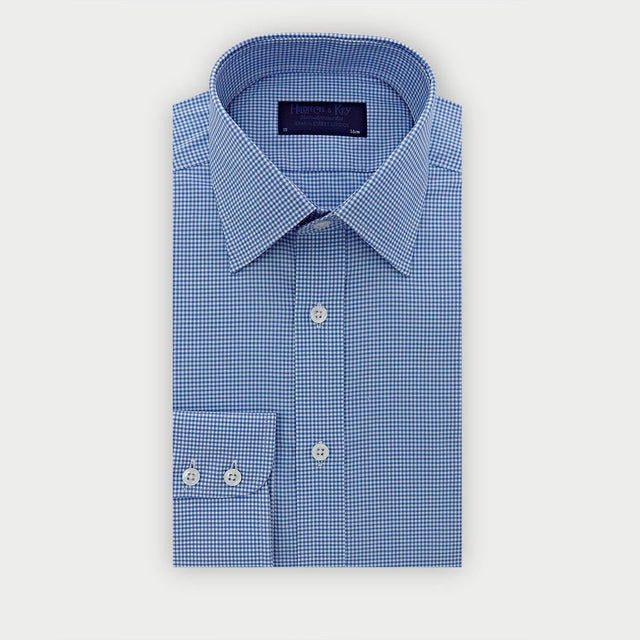 Contemporary Fit Blue Small Gingham Check Cotton Shirt with Classic Collar & Two Button Cuff