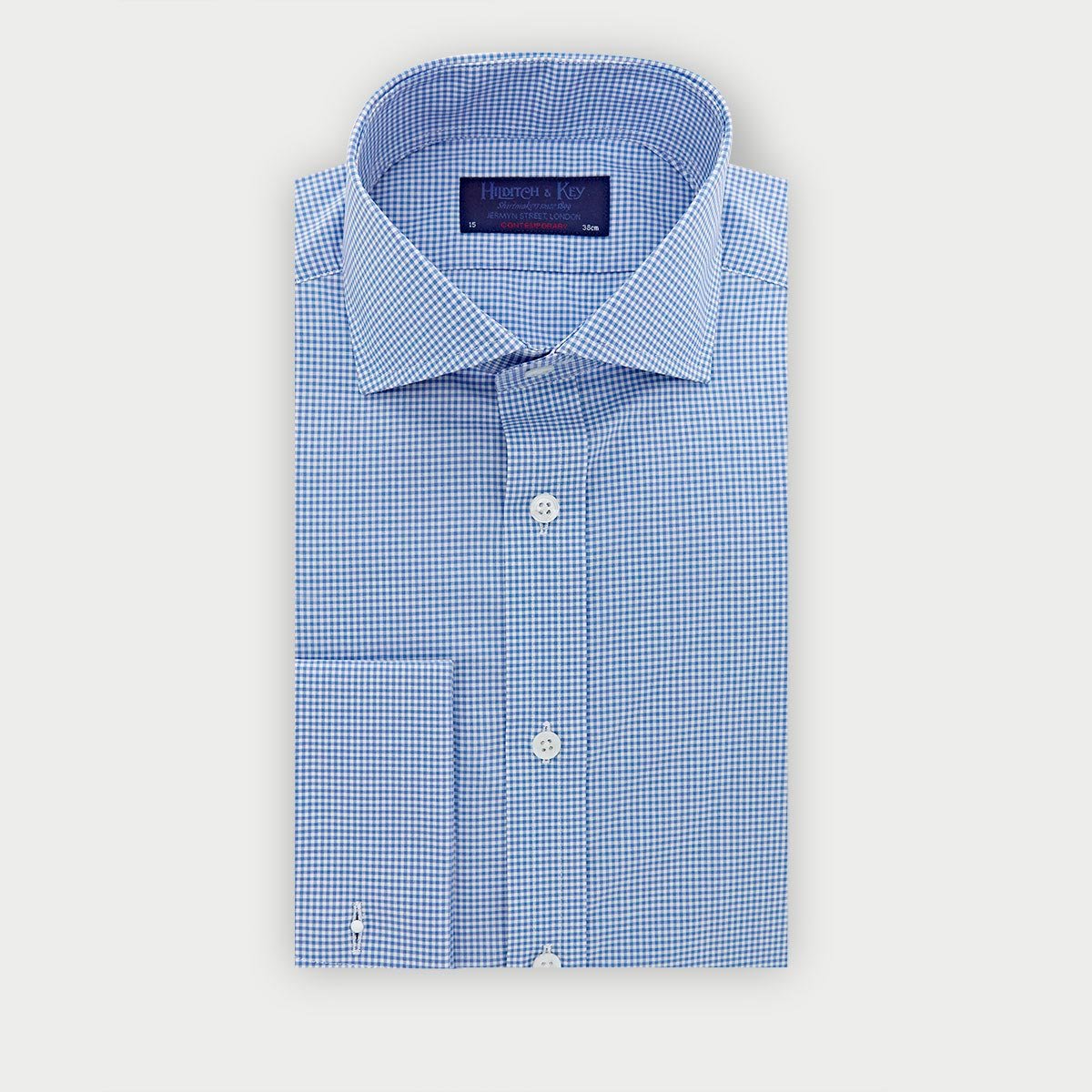 Contemporary Fit Small Gingham Check Cotton Shirt With Cut Away Collar Double Cuff