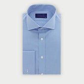 Contemporary Fit Blue Small Gingham Check Cotton Shirt with Cut-Away Collar & Double Cuff