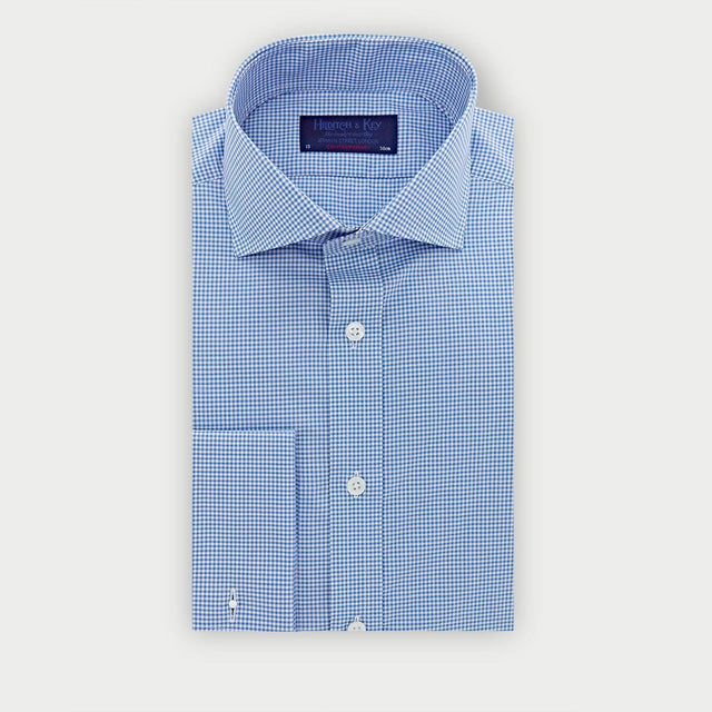 Contemporary Fit Blue Small Gingham Check Cotton Shirt with Cut-Away Collar & Double Cuff