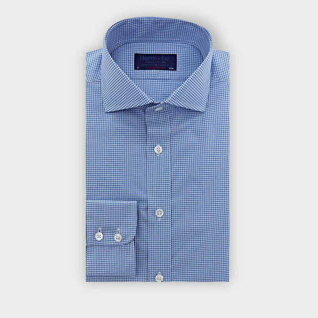 Contemporary Fit Blue Small Gingham Check Cotton Shirt with Cut-Away Collar & Two Button Cuff
