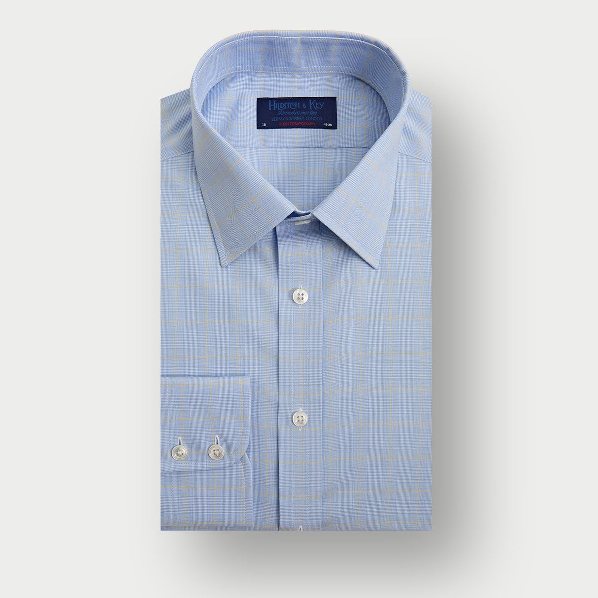 Contemporary Fit Yellow Prince Of Wales Check Cotton Shirt With Classic Collar Two Button Cuff